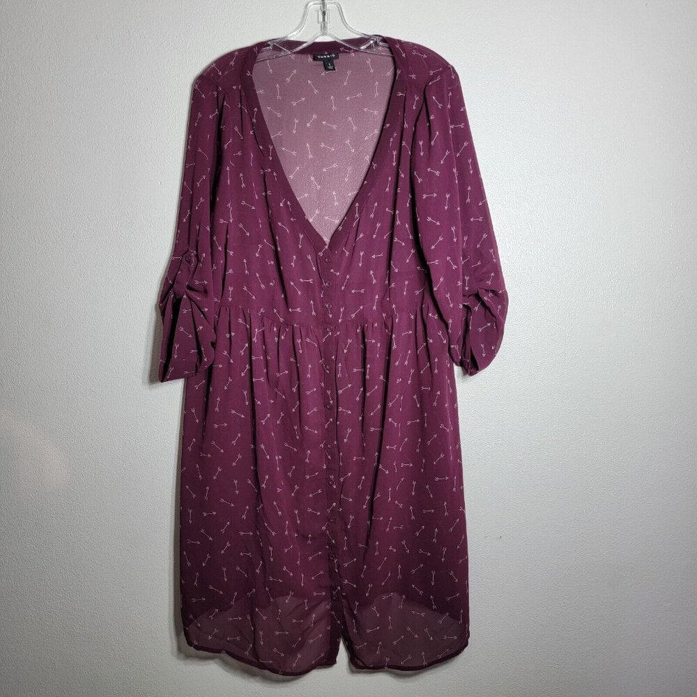 Torrid Burgundy Arrow Print Tunic Top‎ Plus Size 1X Tab Sleeve Sheer Long Blouse